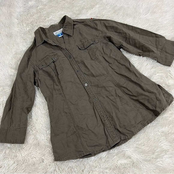 Columbia Brown Linen Blend Buttoned long Sleeve Top Womans large - Picture 1 of 10